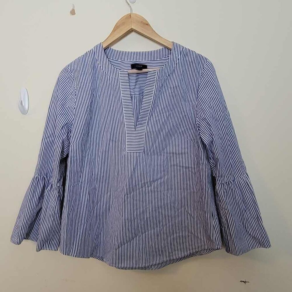 J. Crew Striped Bell Sleeve  Popover Blue & Whiye V neck Blouse Size 6